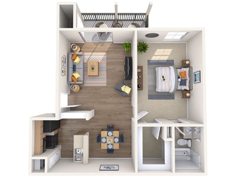 a stylized floor plan with a bedroom and a living room
